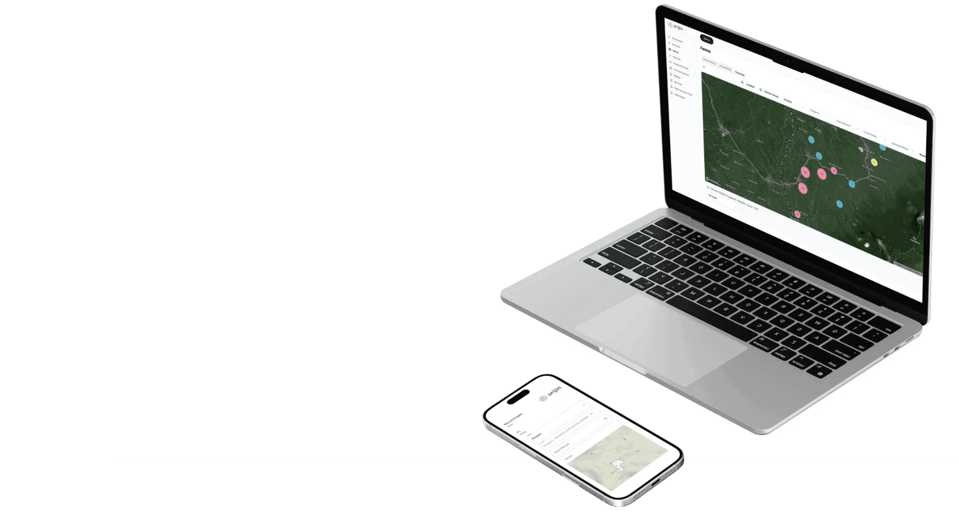 Orijin farm-mapping dashboard on a laptop and mobile app
